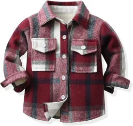 Baby Boys Kids Long Sleeve Button Down Plaid Shirts Fall Winter Flannel Shacket Jackets Tartan Tops