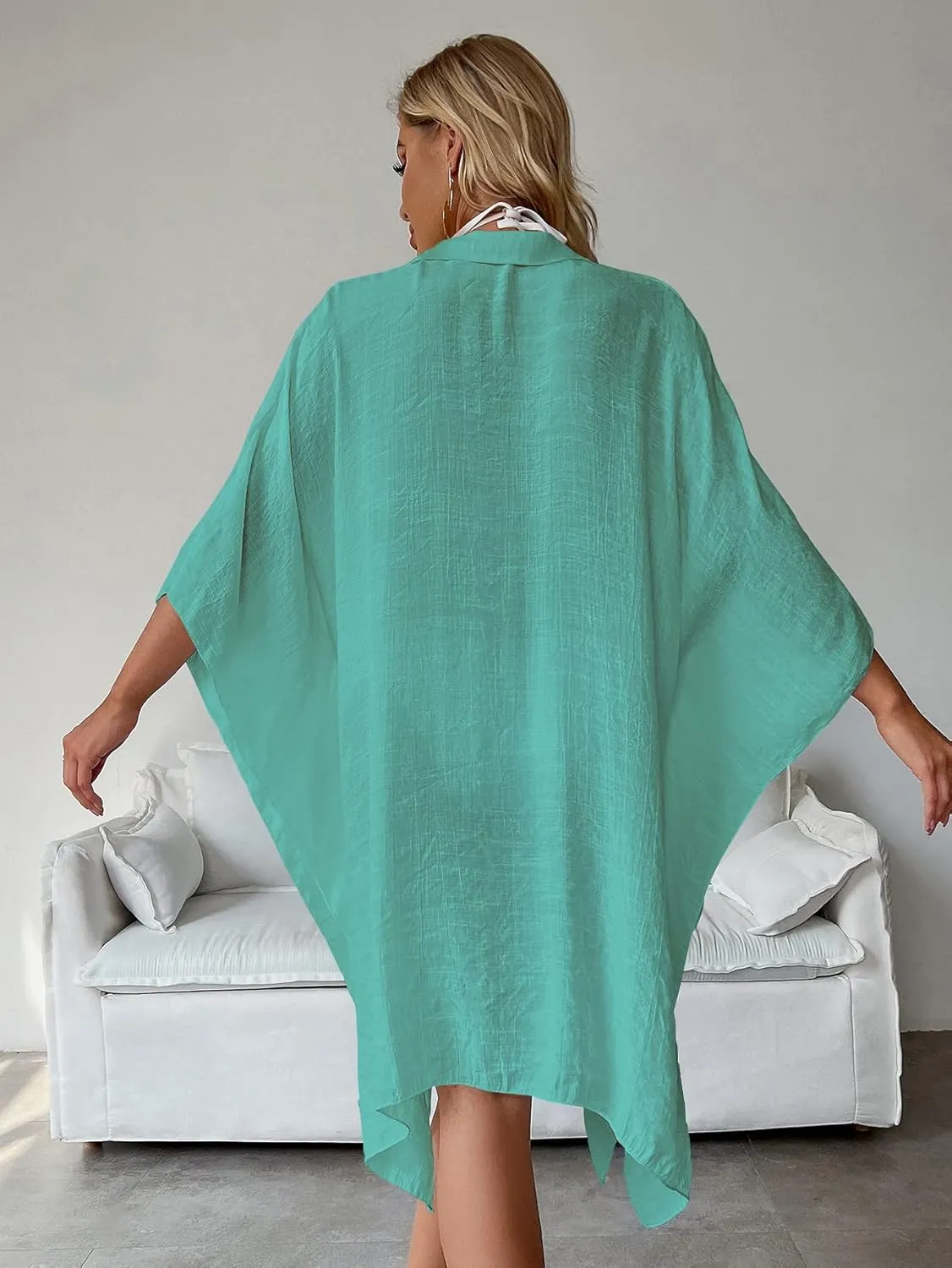 Batwing Sleeve Beach Cover Up Button Front Kimono Bathing Suit Cover Ups