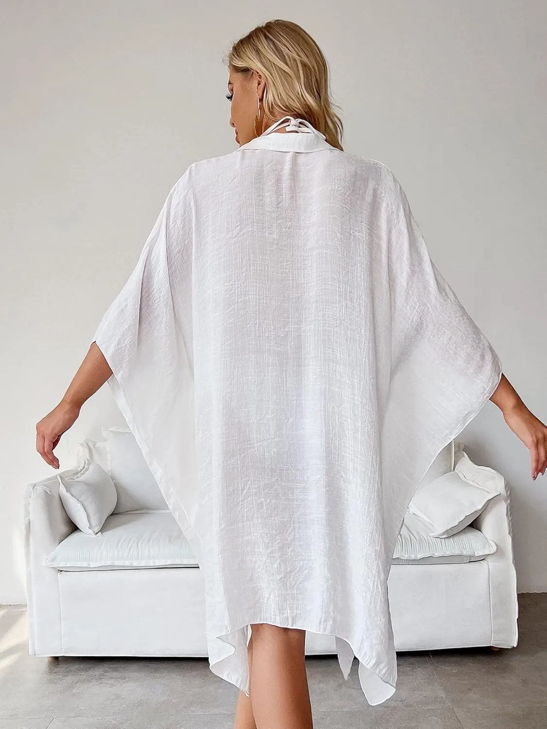 Batwing Sleeve Beach Cover Up Button Front Kimono Bathing Suit Cover Ups