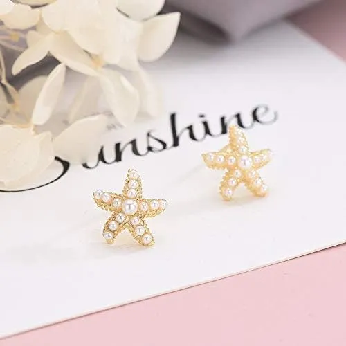 Beach Earrings for Women Tiny Colorful Starfish Seashell Faux Pearl Stud Earrings Rhinestone Wedding Bridesmaid Summer Beach Jewelry Gift