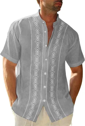 Beach Top for Men Geometric Patterns Stripe Summer Short Sleeve Shirt Camp Cuban Guayabera Button Down Shirt