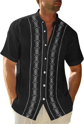 Beach Top for Men Geometric Patterns Stripe Summer Short Sleeve Shirt Camp Cuban Guayabera Button Down Shirt