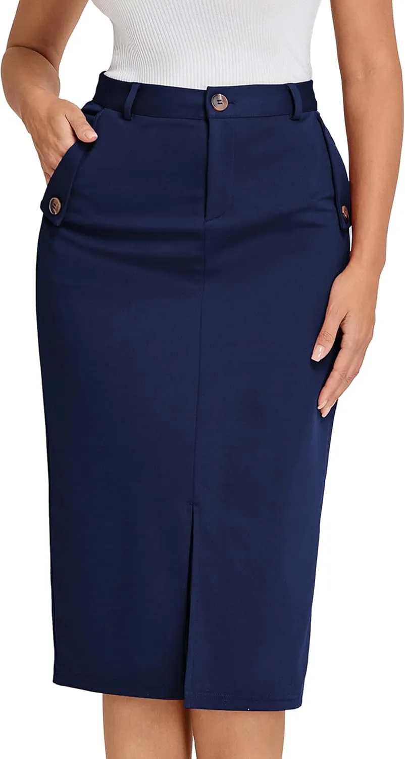 Belle Poque Women's Pencil Skirt High Waisted Office Business Casual Skirt Midi Bodycon Skirt with Slit