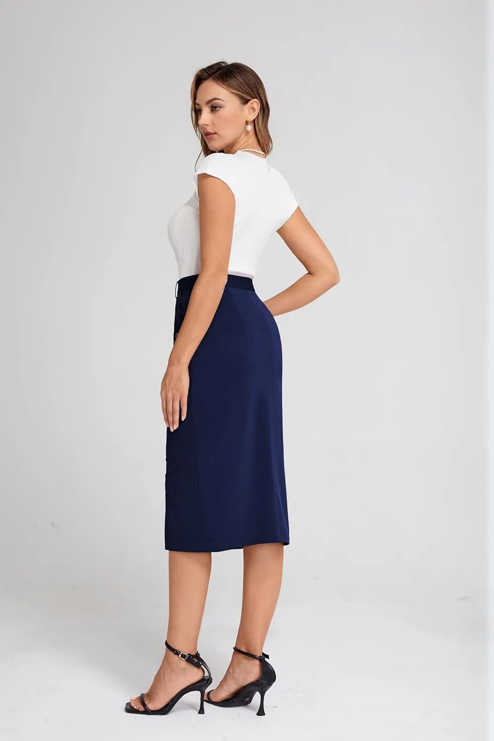 Belle Poque Women's Pencil Skirt High Waisted Office Business Casual Skirt Midi Bodycon Skirt with Slit
