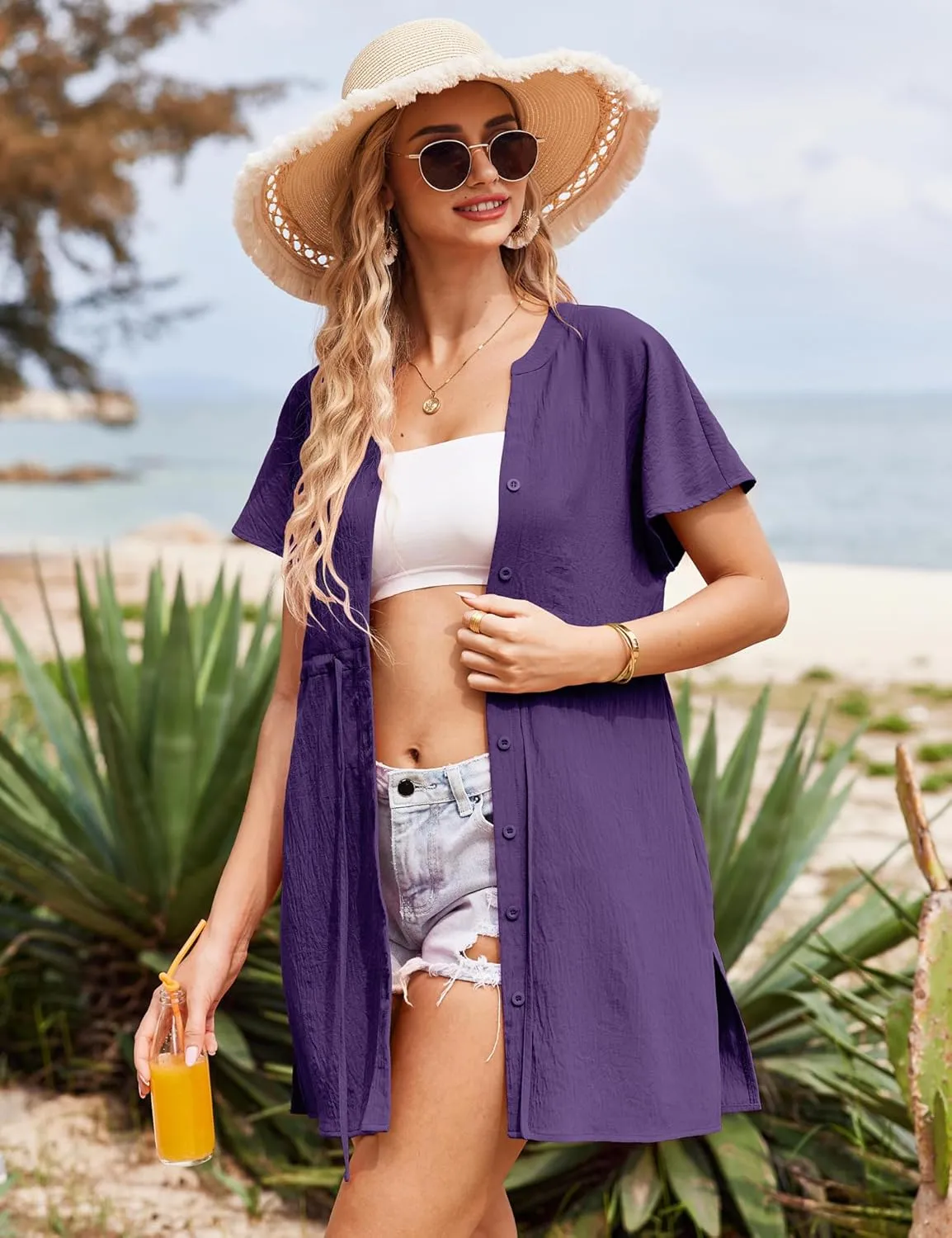 Bluetime Women Swimsuit Cover Ups Button Down Bathing Suit Coverups Beachwear Flowy V Neck Summer Dress