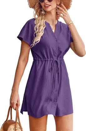 Bluetime Women Swimsuit Cover Ups Button Down Bathing Suit Coverups Beachwear Flowy V Neck Summer Dress