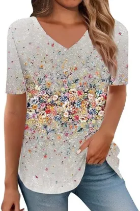 Boho Short Sleeve Tops for Women V Neck 2025 Summer Fashion Graphic Tees Vintage Floral Blouse Shirt
