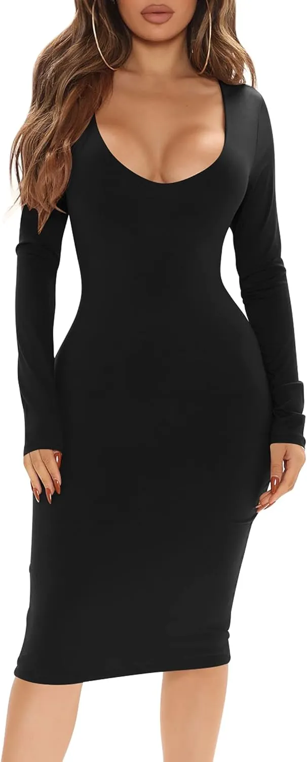 BORIFLORS Women's Sexy Bodycon Long Sleeve Deep V Neck Club Party Midi Pencil Dresses