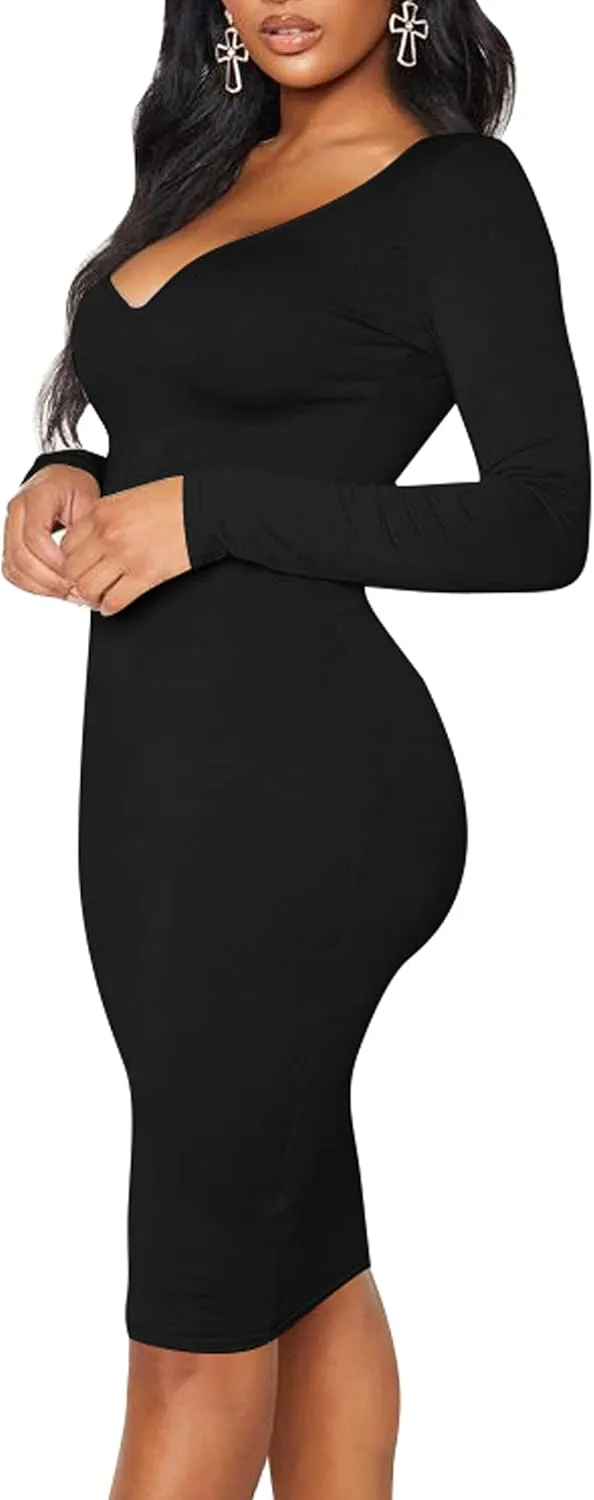 BORIFLORS Women's Sexy Bodycon Long Sleeve Deep V Neck Club Party Midi Pencil Dresses