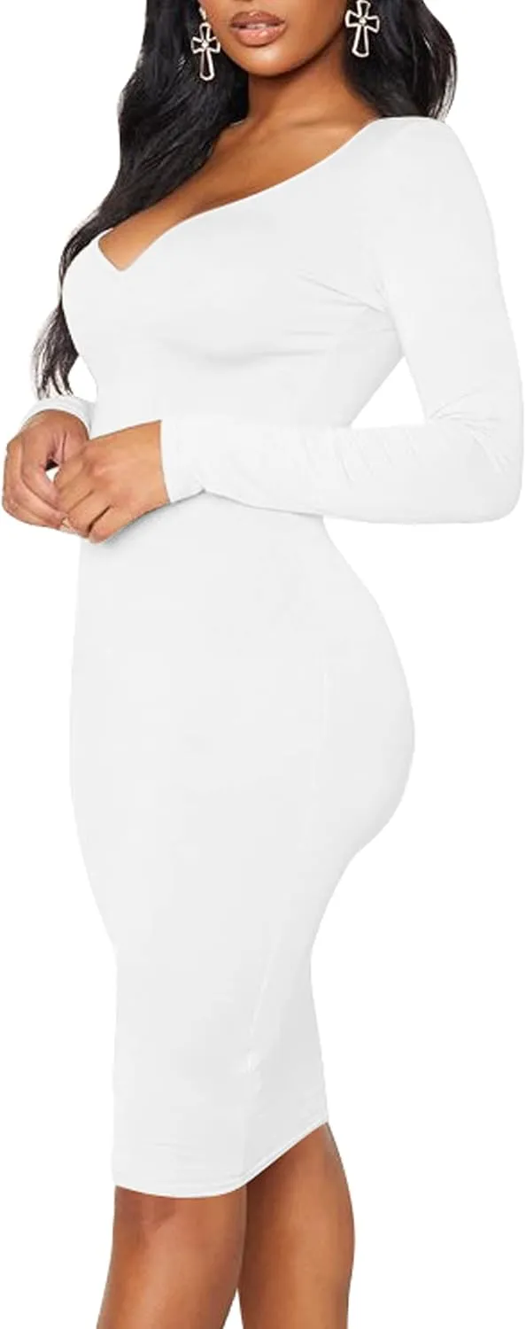 BORIFLORS Women's Sexy Bodycon Long Sleeve Deep V Neck Club Party Midi Pencil Dresses