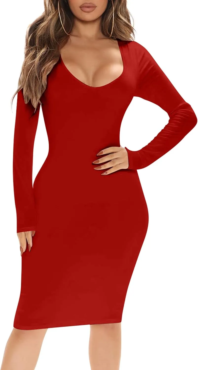BORIFLORS Women's Sexy Bodycon Long Sleeve Deep V Neck Club Party Midi Pencil Dresses