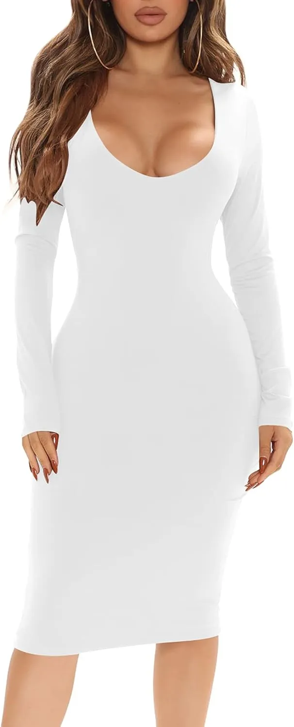 BORIFLORS Women's Sexy Bodycon Long Sleeve Deep V Neck Club Party Midi Pencil Dresses