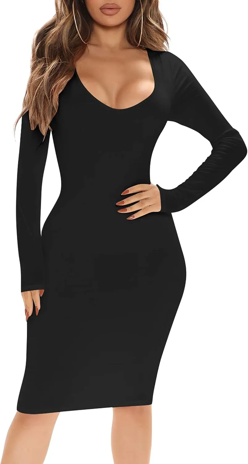 BORIFLORS Women's Sexy Bodycon Long Sleeve Deep V Neck Club Party Midi Pencil Dresses