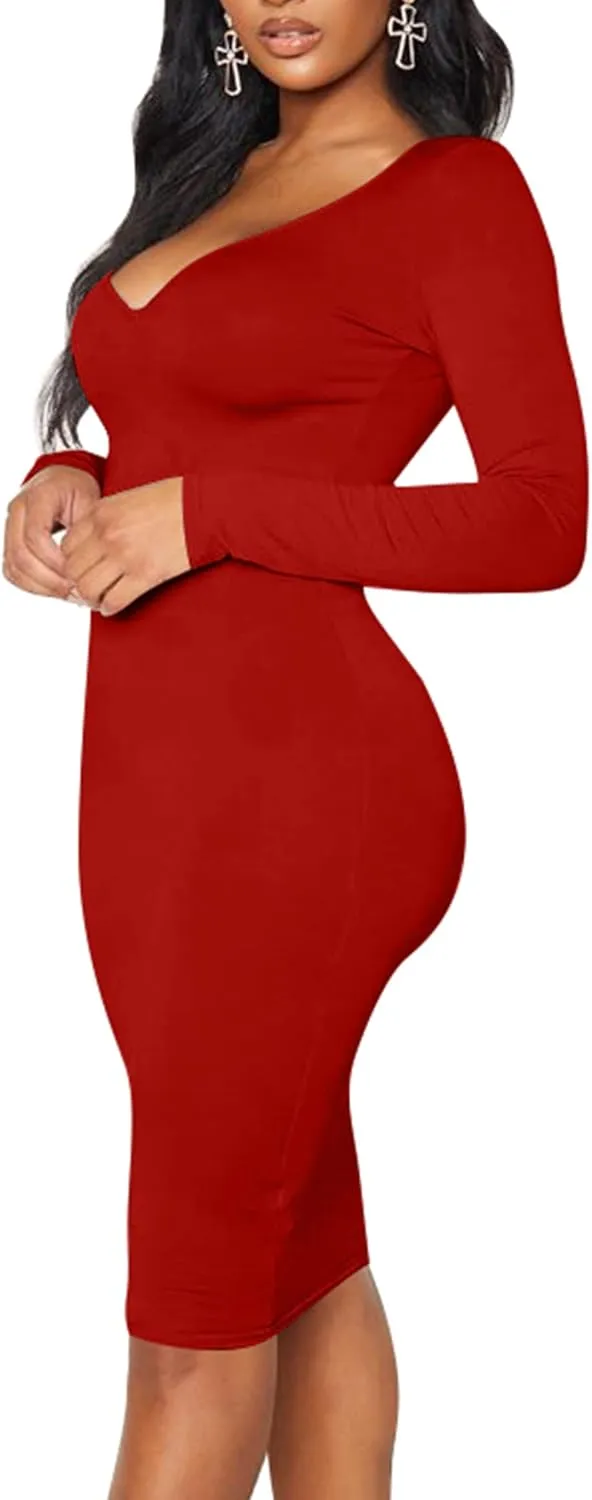 BORIFLORS Women's Sexy Bodycon Long Sleeve Deep V Neck Club Party Midi Pencil Dresses