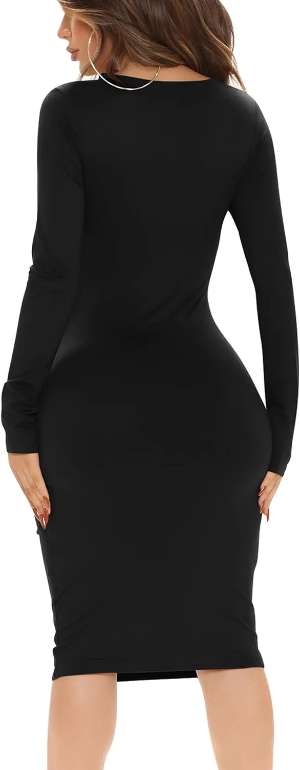 BORIFLORS Women's Sexy Bodycon Long Sleeve Deep V Neck Club Party Midi Pencil Dresses