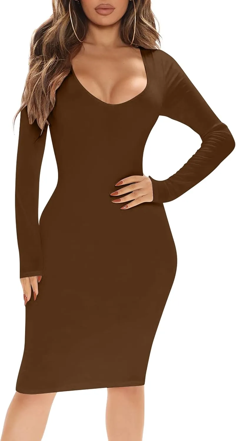 BORIFLORS Women's Sexy Bodycon Long Sleeve Deep V Neck Club Party Midi Pencil Dresses