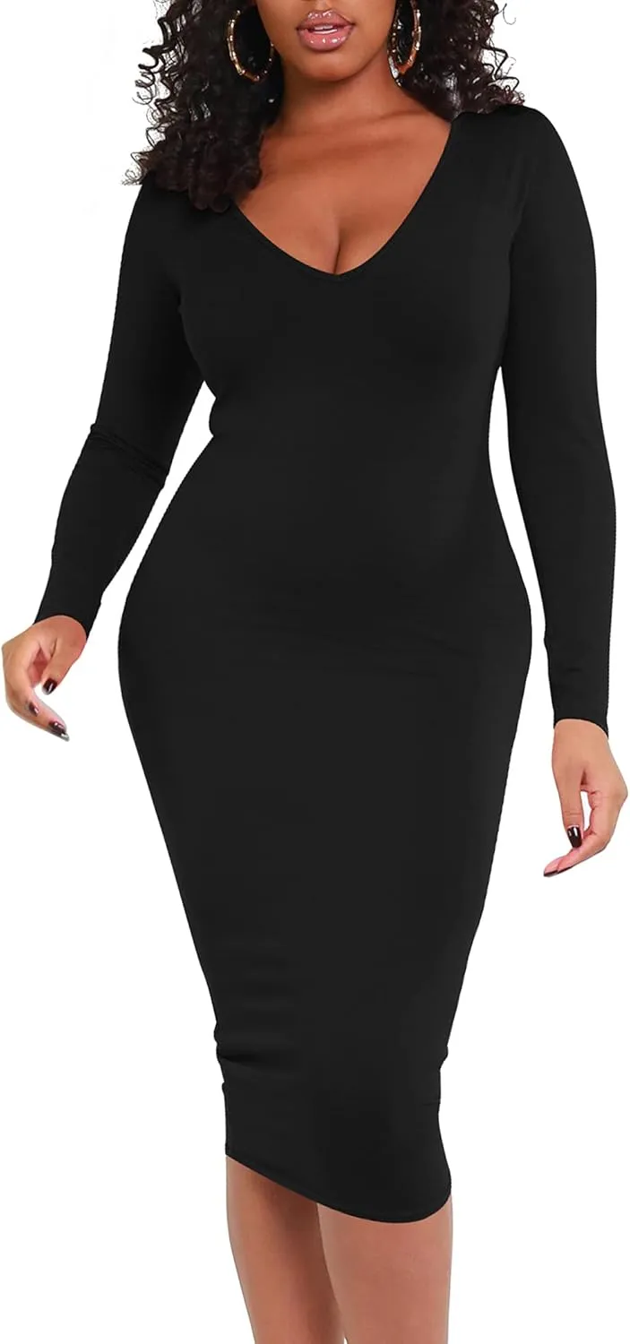 BORIFLORS Women's Sexy Bodycon Long Sleeve Deep V Neck Club Party Midi Pencil Dresses