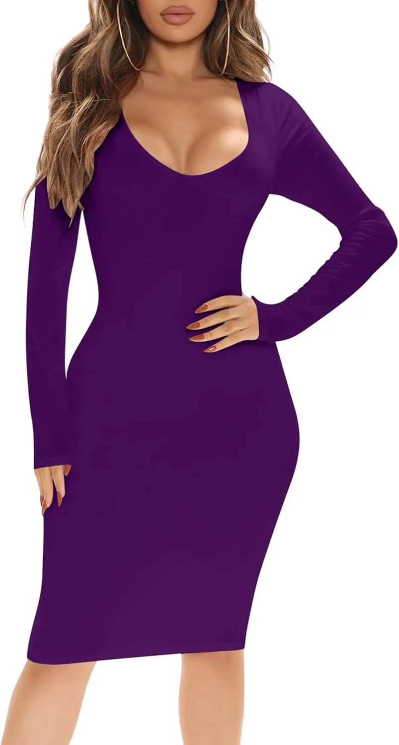 BORIFLORS Women's Sexy Bodycon Long Sleeve Deep V Neck Club Party Midi Pencil Dresses