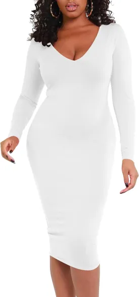 BORIFLORS Women's Sexy Bodycon Long Sleeve Deep V Neck Club Party Midi Pencil Dresses