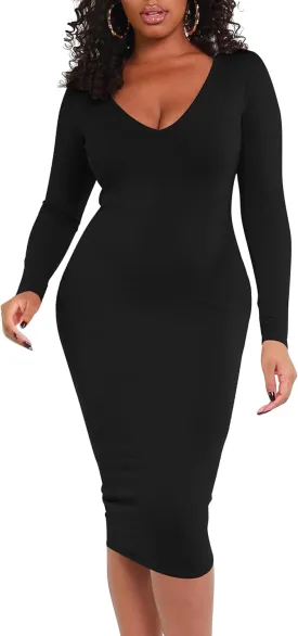 BORIFLORS Women's Sexy Bodycon Long Sleeve Deep V Neck Club Party Midi Pencil Dresses