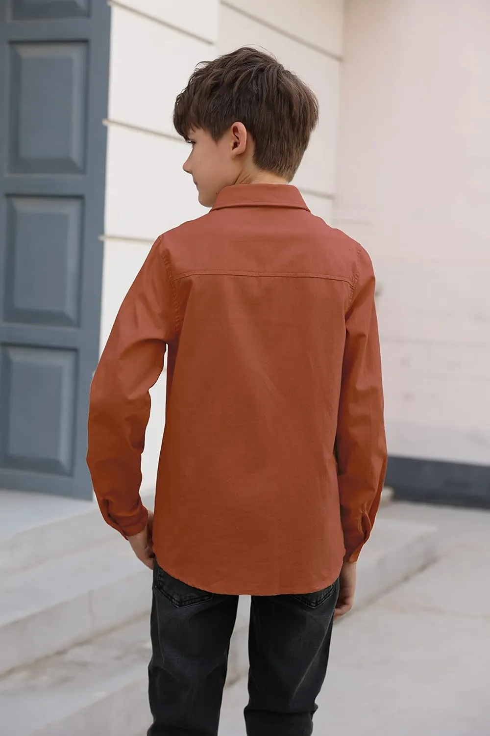 Boys' Long Sleeve Dress Shirts Classic Collared Button-Down Tshirt Solid Cotton Top with Chest Pocket