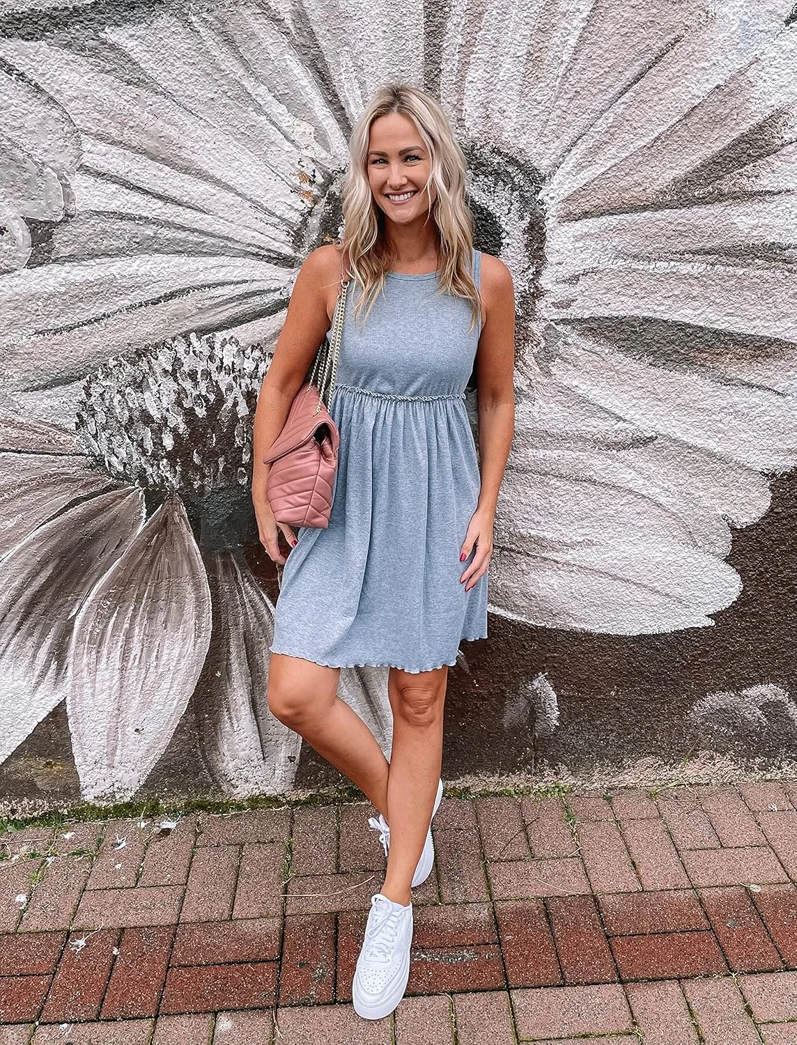 BTFBM Women Sleeveless Summer Dress 2025 Crewneck Ribbed Knit Ruffle Swing Button Down Beach Sun Mini Tank Short Dresses