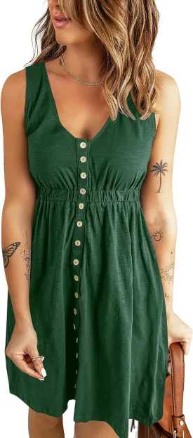 BTFBM Women Sleeveless Summer Dress 2025 Crewneck Ribbed Knit Ruffle Swing Button Down Beach Sun Mini Tank Short Dresses