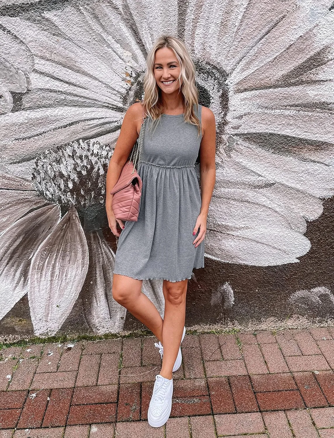 BTFBM Women Sleeveless Summer Dress 2025 Crewneck Ribbed Knit Ruffle Swing Button Down Beach Sun Mini Tank Short Dresses