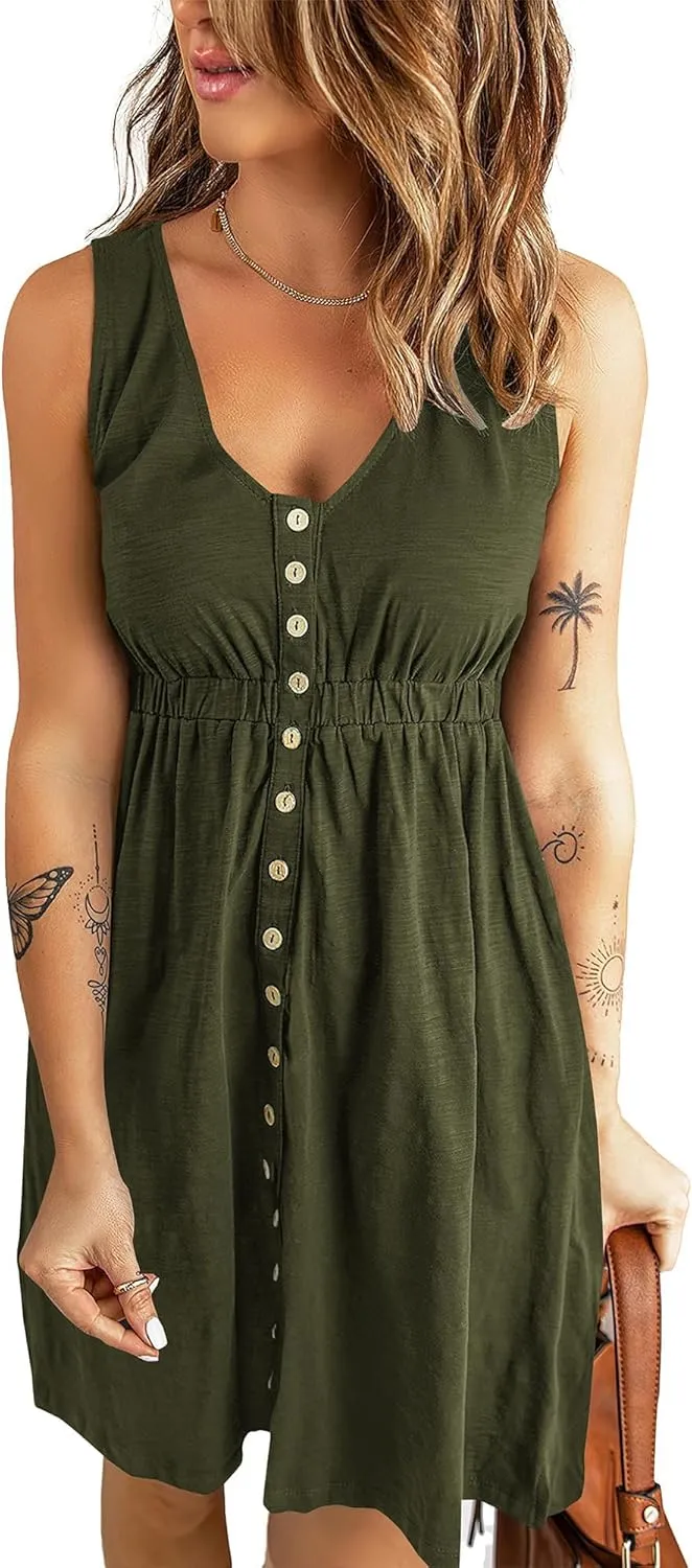 BTFBM Women Sleeveless Summer Dress 2025 Crewneck Ribbed Knit Ruffle Swing Button Down Beach Sun Mini Tank Short Dresses