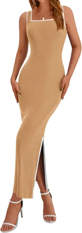 BTFBM Women's 2025 Summer Knit Bodycon Maxi Dress Sleeveless Square Neck Slit Tank Party Club Ribbed Sweater Dresses
