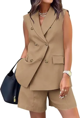 BTFBM Womens Blazer Vest Shorts Sets Lapel Neck Casual Sleeveless Button Down Office Summer 2 Piece Lounge Matching Sets