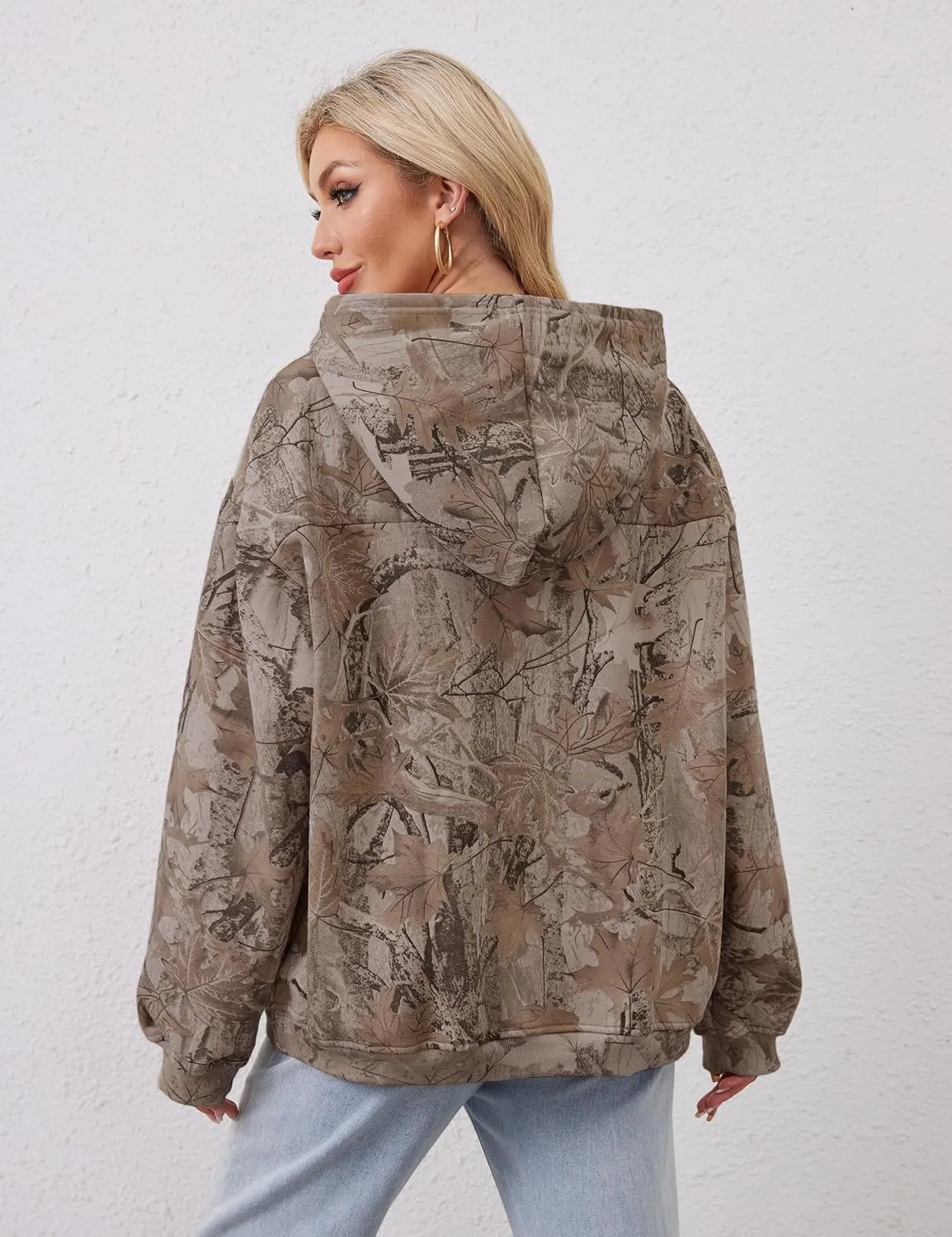 Camo Hoodie for Men Women Oversized Fleece Maple Leaf Hooded Sweatshirt Graphic Print Pullover Hoodies with Pocket