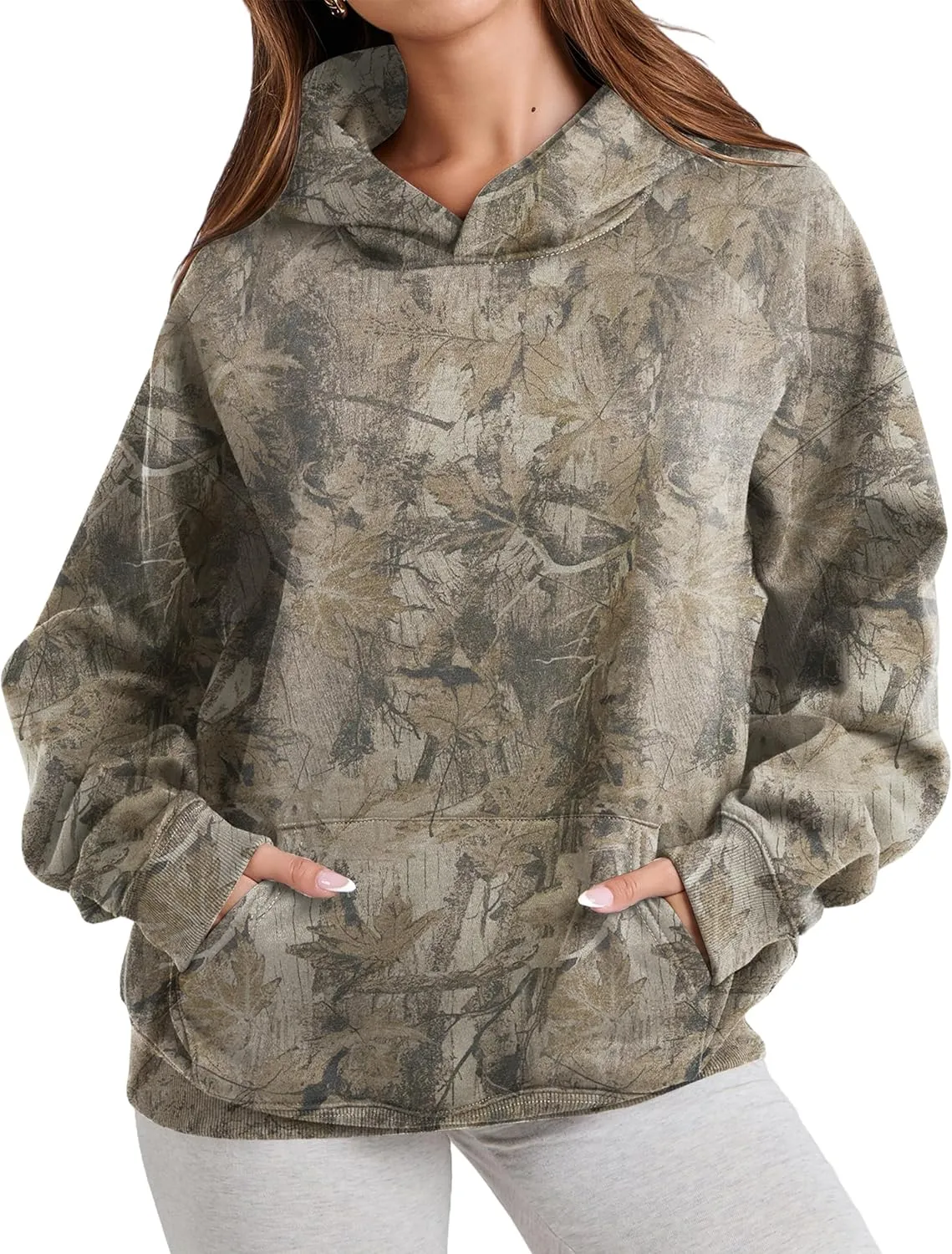 Camo Hoodie for Men Women Oversized Fleece Maple Leaf Hooded Sweatshirt Graphic Print Pullover Hoodies with Pocket