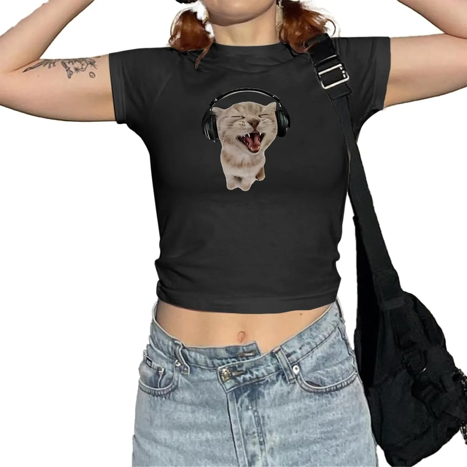 Cat Graphic Baby Tee for Women Grunge Y2k Shirt Funny Crop Tops Teens Cute Cropped Tees Aesthetic Printed Tshirts