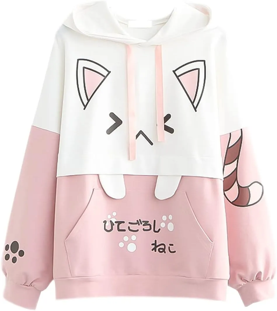 Cat Hoodie for Women Teens Lolita Kawaii Thin Cartoon Graphic Hoodies Printed Casual Long Sleeve Pullover Tops