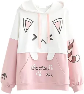 Cat Hoodie for Women Teens Lolita Kawaii Thin Cartoon Graphic Hoodies Printed Casual Long Sleeve Pullover Tops