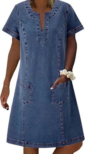 CHARTOU Women Denim Dress Short Sleeve Mini Jean Dress Jumper Babydoll Summer Shift Dress