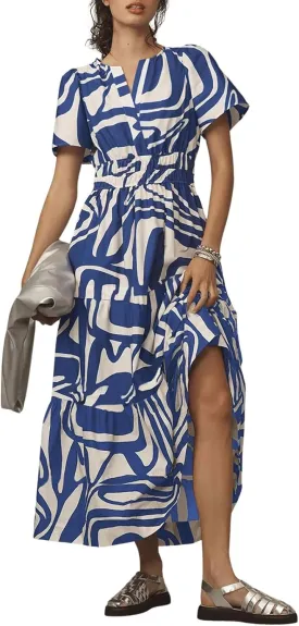 CHARTOU Women's Flowy Boho Long Stretch Short Sleeve High Waist Smock A Line Tiered Dress
