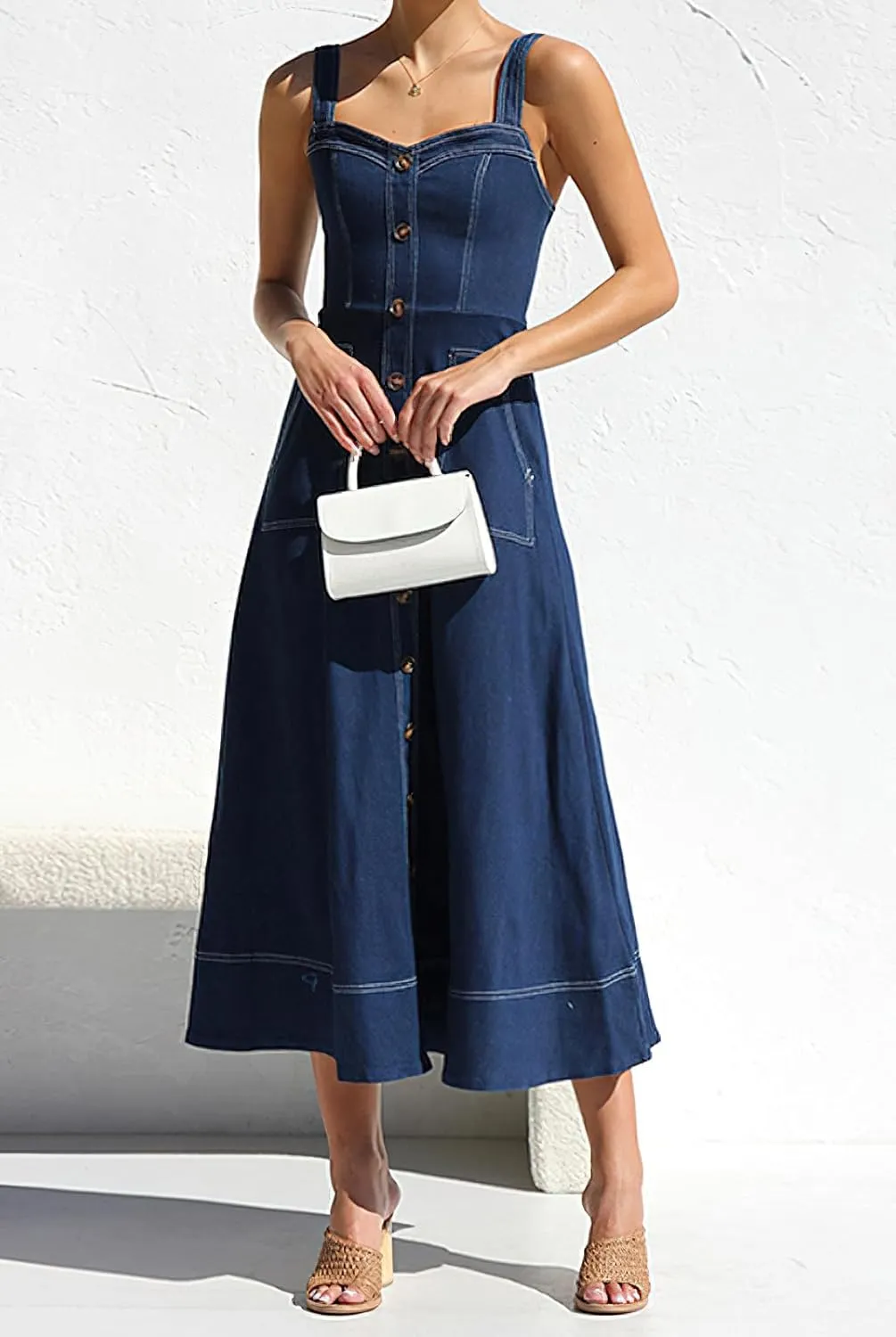 chouyatou Women's Adjustable Strap Midi Long Denim Dress 2025 Button Down A-Line Swing Flowy Jean Dress