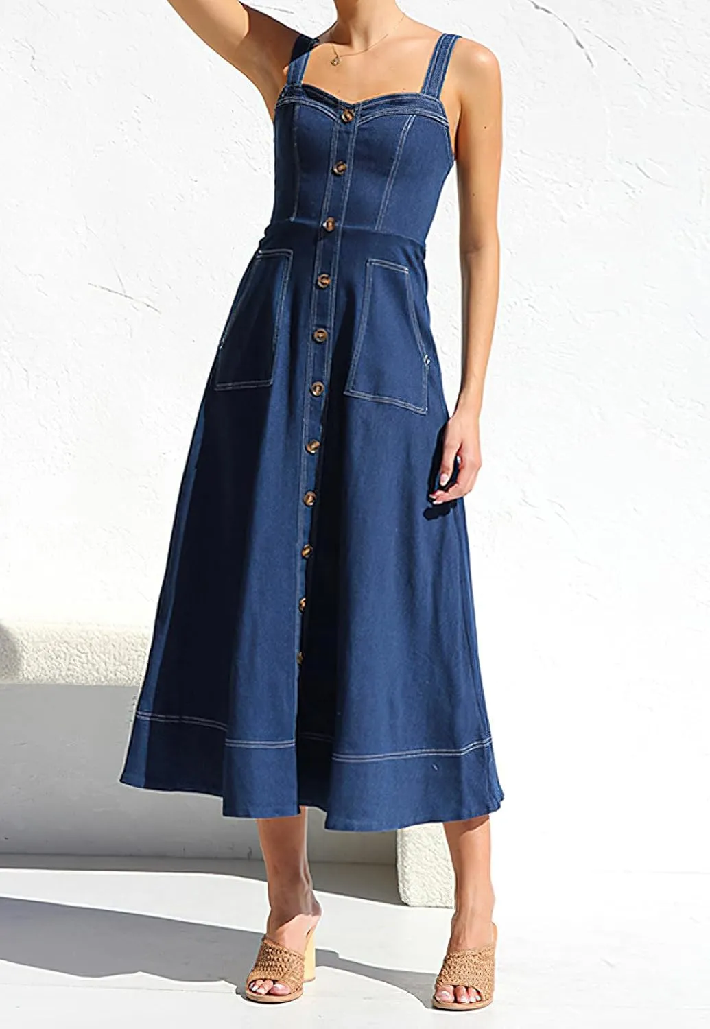 chouyatou Women's Adjustable Strap Midi Long Denim Dress 2025 Button Down A-Line Swing Flowy Jean Dress