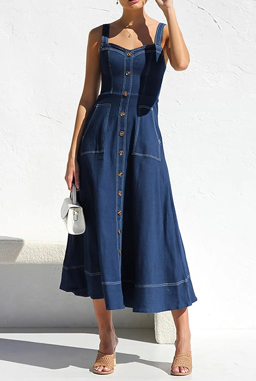chouyatou Women's Adjustable Strap Midi Long Denim Dress 2025 Button Down A-Line Swing Flowy Jean Dress