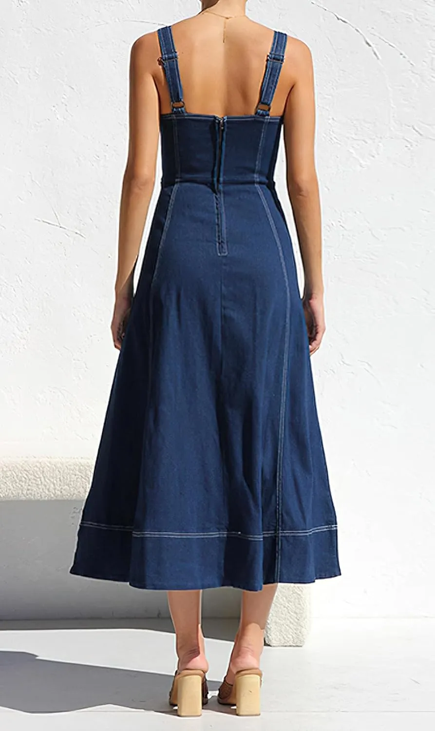 chouyatou Women's Adjustable Strap Midi Long Denim Dress 2025 Button Down A-Line Swing Flowy Jean Dress