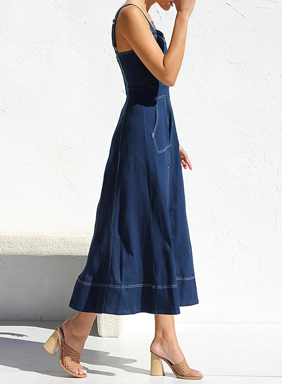 chouyatou Women's Adjustable Strap Midi Long Denim Dress 2025 Button Down A-Line Swing Flowy Jean Dress