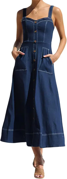 chouyatou Women's Adjustable Strap Midi Long Denim Dress 2025 Button Down A-Line Swing Flowy Jean Dress