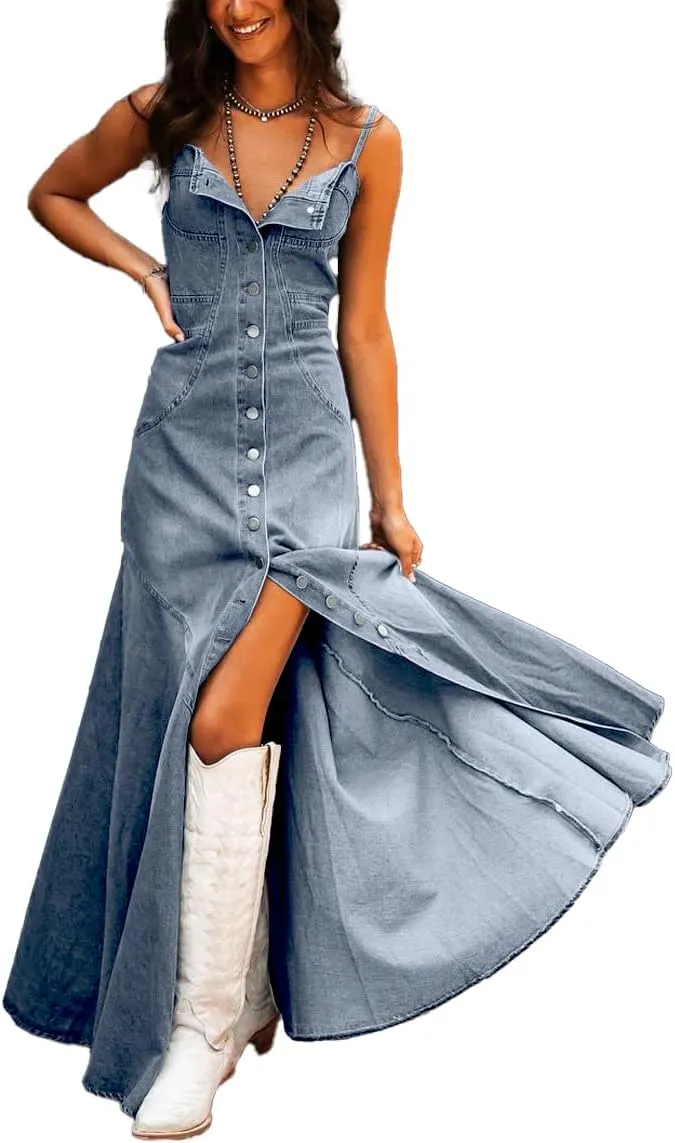 chouyatou Women's Spaghetti Strap Smocked Back Denim Dress Button Down A-Line Swing Flowy Maxi Jean Dress