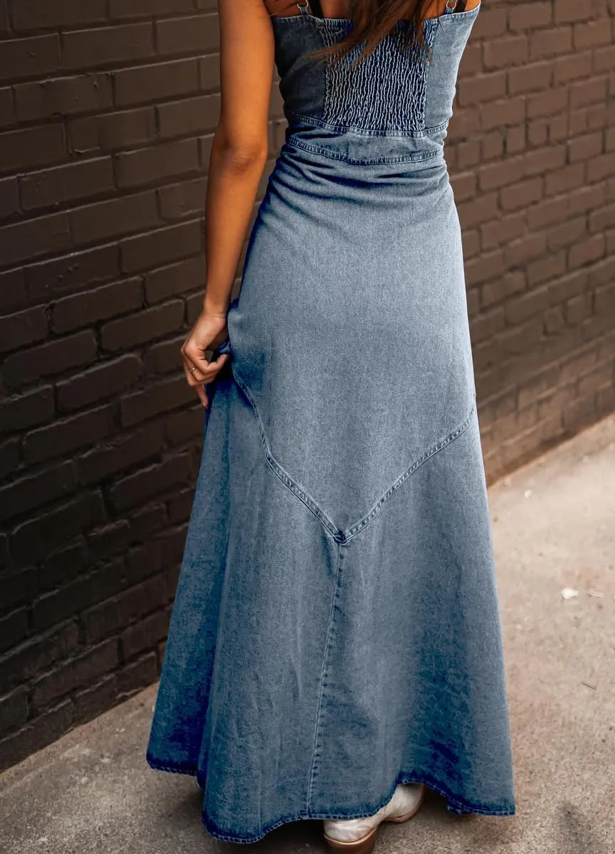 chouyatou Women's Spaghetti Strap Smocked Back Denim Dress Button Down A-Line Swing Flowy Maxi Jean Dress