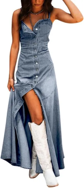 chouyatou Women's Spaghetti Strap Smocked Back Denim Dress Button Down A-Line Swing Flowy Maxi Jean Dress