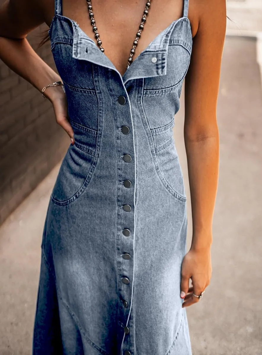 chouyatou Women's Spaghetti Strap Smocked Back Denim Dress Button Down A-Line Swing Flowy Maxi Jean Dress