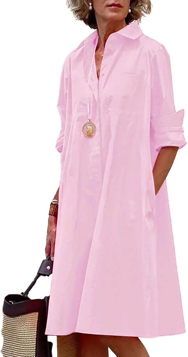 chouyatou Women's Spring Summer Button-Down Shirt Dress Loose A-Line Midi Shift Tunic Dress
