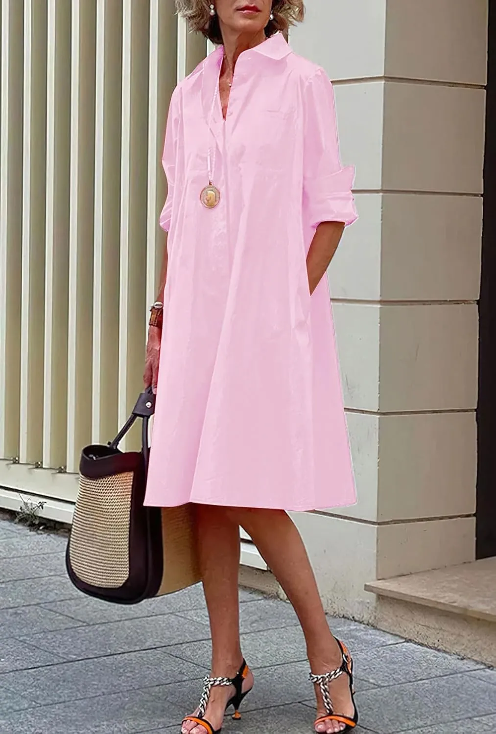 chouyatou Women's Spring Summer Button-Down Shirt Dress Loose A-Line Midi Shift Tunic Dress